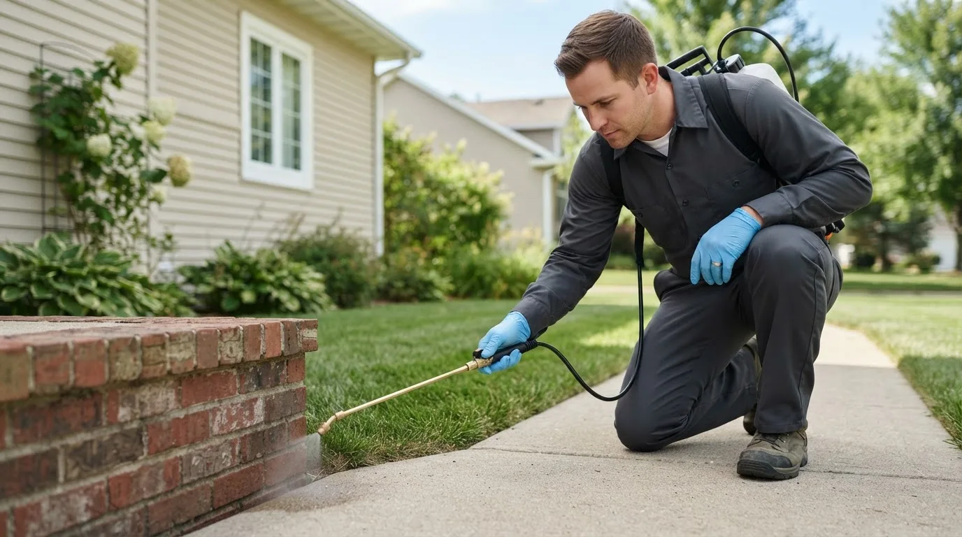 Pest control technician treating a home near Crookston, MN
