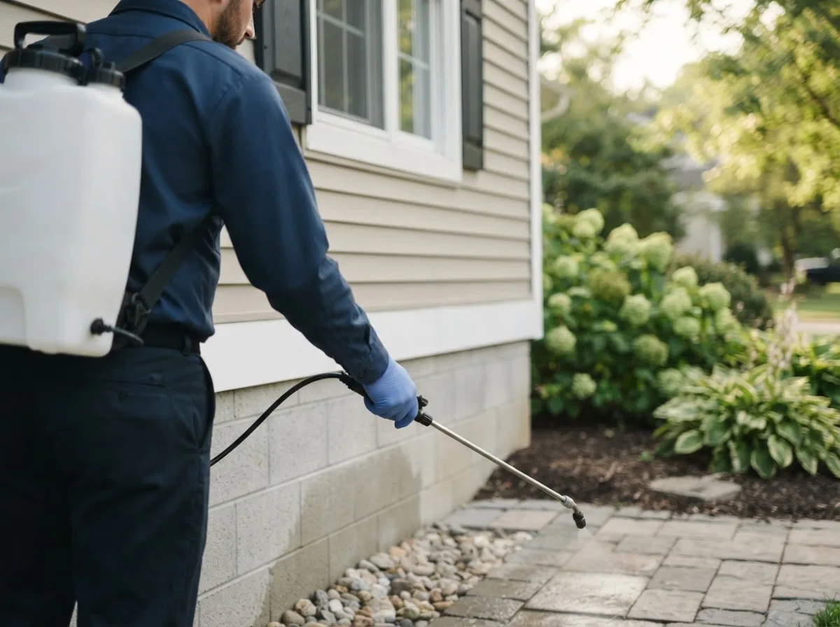 Pest control technician inspecting a home in Crookston, MN